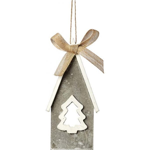 Χριστουγεννιάτικο Κρεμαστό Ξύλινο Σπιτάκι Γκρι, με Λευκό Δετράκι και Φιόγκο (18cm)